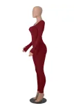 Women's Solid Color Long Sleeve Ribbed Square Neck Low Back Slim Fit Jumpsuit