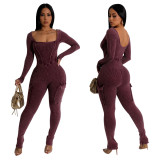 Fashion Women's Autumn And Winter Sexy Low Back Pocket Tight Fitting Jumpsuit