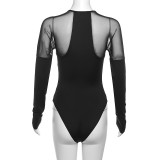 Autumn And Winter Women's Round Neck Long Sleeve Sexy See-Through Mesh Patchwork Slim Fit Bodysuit