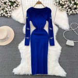 Autumn And Winter Sexy Long Sleeve Round Neck Hollow Slim Waist Slim Fit Knitting Bodycon Basic Dress