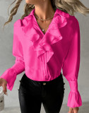 Autumn Fashion Ruffled Long Sleeve V-Neck Solid Color Women's Shirt