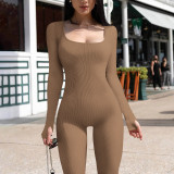 Women's Solid Color Long Sleeve Ribbed Square Neck Low Back Slim Fit Jumpsuit