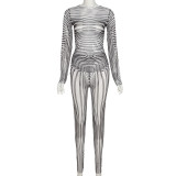 Spring Summer Long-Sleeved Striped Mesh Print Top Sexy Bodycon Slim Fit Tight Fitting Trouser Two Piece Set