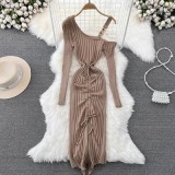Autumn And Winter Fashionable And Sexy Slash Shoulder Straps Slim Waist Slim Fit Maxi Drawstring Bodycon Knitting Dress For Women