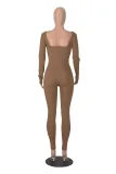 Women's Solid Color Long Sleeve Ribbed Square Neck Low Back Slim Fit Jumpsuit