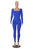 Women's Solid Color Long Sleeve Ribbed Square Neck Low Back Slim Fit Jumpsuit