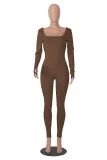 Women's Solid Color Long Sleeve Ribbed Square Neck Low Back Slim Fit Jumpsuit