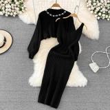 Autumn And Winter French Chic Beaded High-Waisted Sweater Dress Knitting Shirt Two-Piece Set