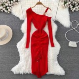 Autumn And Winter Fashionable And Sexy Slash Shoulder Straps Slim Waist Slim Fit Maxi Drawstring Bodycon Knitting Dress For Women