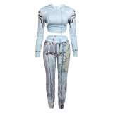 Autumn Women Casual Hooded Top and Printed Sports Pants Two-piece Set