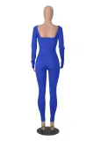 Women's Solid Color Long Sleeve Ribbed Square Neck Low Back Slim Fit Jumpsuit