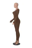 Women's Solid Color Long Sleeve Ribbed Square Neck Low Back Slim Fit Jumpsuit