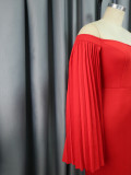 Women Elegant Off Shoulder Pleated Long Sleeve Bodycon Dress