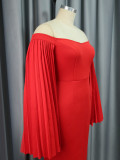 Women Elegant Off Shoulder Pleated Long Sleeve Bodycon Dress