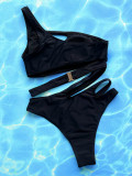 Solid Color Hollow Slash Shoulder One-Piece Swimsuit