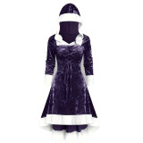 Women's Christmas Hooded Patchwork Lace-Up Long Sleeve High Waist Chic Dress