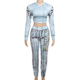 Autumn Women Casual Hooded Top and Printed Sports Pants Two-piece Set