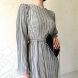 Women's Spring Autumn Fashionable Long Dress Casual Solid Color Round Neck Bell Bottom Sleeve Pleated Dress