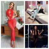 Women's Sexy Mesh See-Through Knitting Lace Hollow High Waist Tight Fitting Jumpsuit