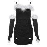 Autumn Women's Christmas Fur Patchwork Straps Sexy Slim Fit Party Dress With Sleeves