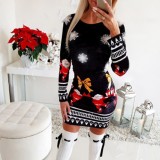 Round Neck Slim Dress Fashionable Long Sleeve Christmas Print Knitting Dress For Women
