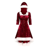Women's Christmas Hooded Patchwork Lace-Up Long Sleeve High Waist Chic Dress