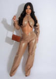 Women's Autumn And Winter Pu Leather Zipper Top Pants Sexy Two-Piece Set