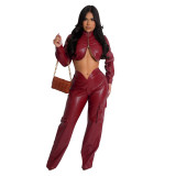 Women's Autumn And Winter Pu Leather Zipper Top Pants Sexy Two-Piece Set