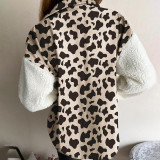 Women Turndown Collar Leopard Plaid Print Furry Patchwork Contrast Warm Long Sleeve Shirt