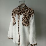 Women Turndown Collar Leopard Plaid Print Furry Patchwork Contrast Warm Long Sleeve Shirt