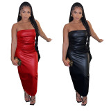 Women's Clothing Pu Leather Strapless Slit Long Dress