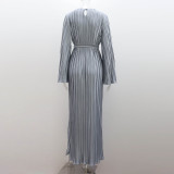 Women's Spring Autumn Fashionable Long Dress Casual Solid Color Round Neck Bell Bottom Sleeve Pleated Dress
