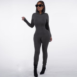 Women Winter Solid Long Sleeve Hooded Backless Sports Jumpsuit