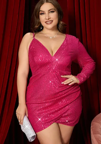 Plus Size Women Solid Sequin Asymmetrical Evening Dress