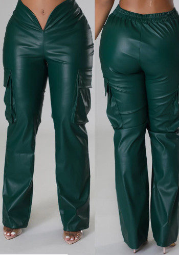 Women Casuald Pocket Stretch PU-Leather Pants