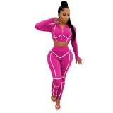 Women Sports Long Sleeve Crop Top and Pants Two-piece Set