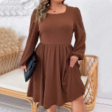 Plus Size Women Autumn and Winter Square Neck Long Sleeve Dress