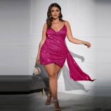 Plus Size Solid Sequin Pleated Slit Strap Dress
