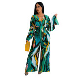Women Sexy V Neck Long Sleeve Printed Wide Leg Jumpsuit