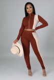 Women Color Block Casual Zipper Top and Pant Two Piece Set