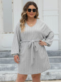 Plus Size Women Lace-Up Ribbed V-Neck Casual Dress