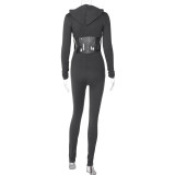 Women Winter Solid Long Sleeve Hooded Backless Sports Jumpsuit
