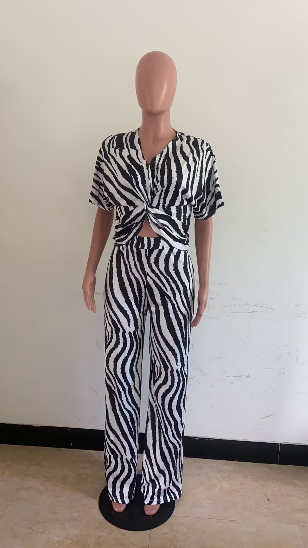 Women Long Sleeve Pleated Zebra Print Shirt and Wide Pants Casual