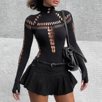 Spring Hollow Ripped Turtle Neck Slim Fit Bodysuit For Women