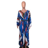 Women Sexy V Neck Long Sleeve Printed Wide Leg Jumpsuit