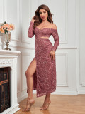 Off Shoulder Slim Sexy Sequined Long Evening Dress For Women