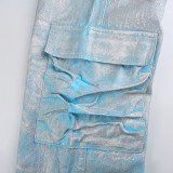 High-Waist Style Straight-Leg Patchwork Multi-Pocket Heavy-Duty Trendy Denim Trousers Strapless Vest Set