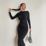Autumn And Winter Women's Fashion Round Neck Long Sleeve Slim Fit Solid Color Chic Bodycon Dress