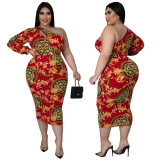 Plus Size Women's Sexy Hollow One Shoulder Long Sleeve Printed Dress