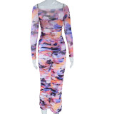 Fashionable Printed Round Neck Long Sleeve Pleated Mid-Waist Bodycon Long Dress For Women